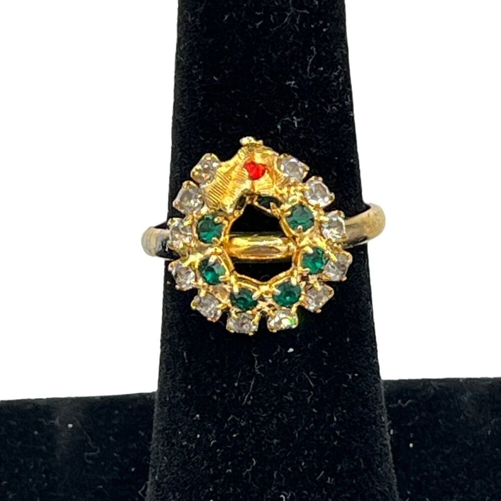Vintage Gold Tone Christmas Wreath Ring Green Clear Rhinestones Adjustable Fit